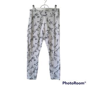 Lysse White Pull On Legging Pants Black Floral Design High Waisted Womens Size M
